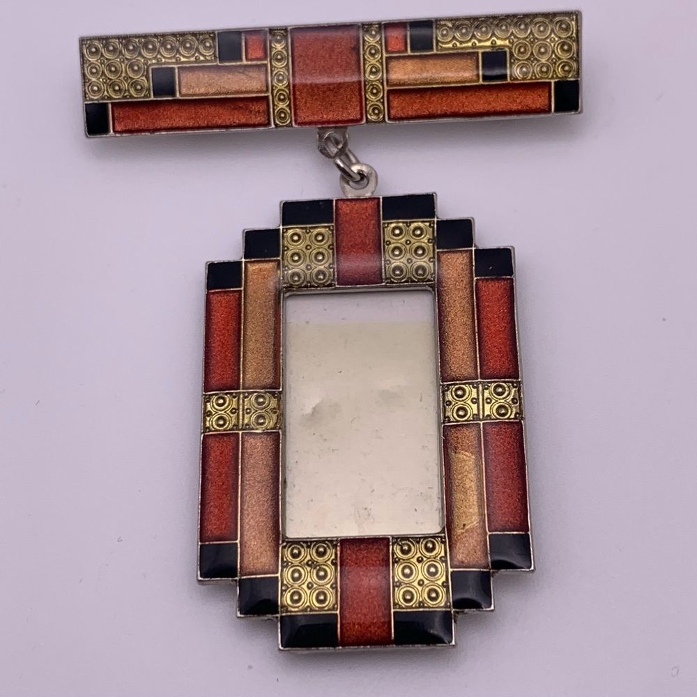 VINTAGE 80’s Enameled Art Deco Style Picture Brooch Silver-Tone